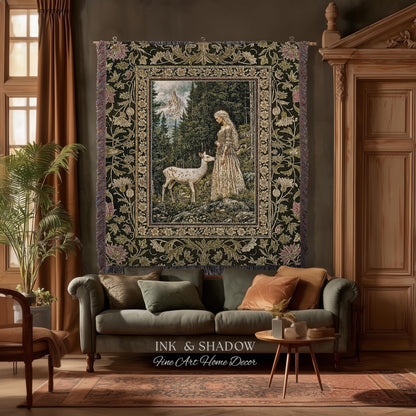 Whimsy Woodland Goddess Tapestry | Elegant Fairytale Throw Blanket Woven Wall Art Victorian Botanical Princess Mystic Deer Forest Spirit
