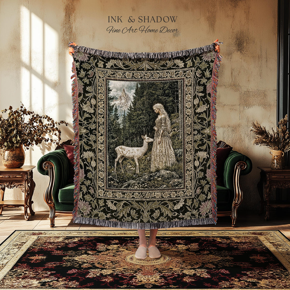 Whimsy Woodland Goddess Tapestry | Elegant Fairytale Throw Blanket Woven Wall Art Victorian Botanical Princess Mystic Deer Forest Spirit
