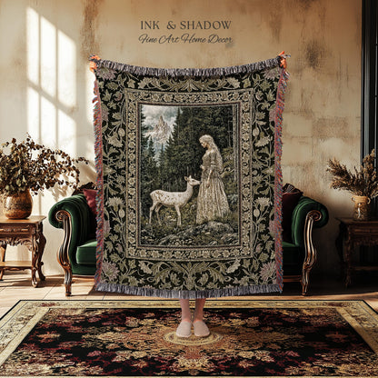 Whimsy Woodland Goddess Tapestry | Elegant Fairytale Throw Blanket Woven Wall Art Victorian Botanical Princess Mystic Deer Forest Spirit