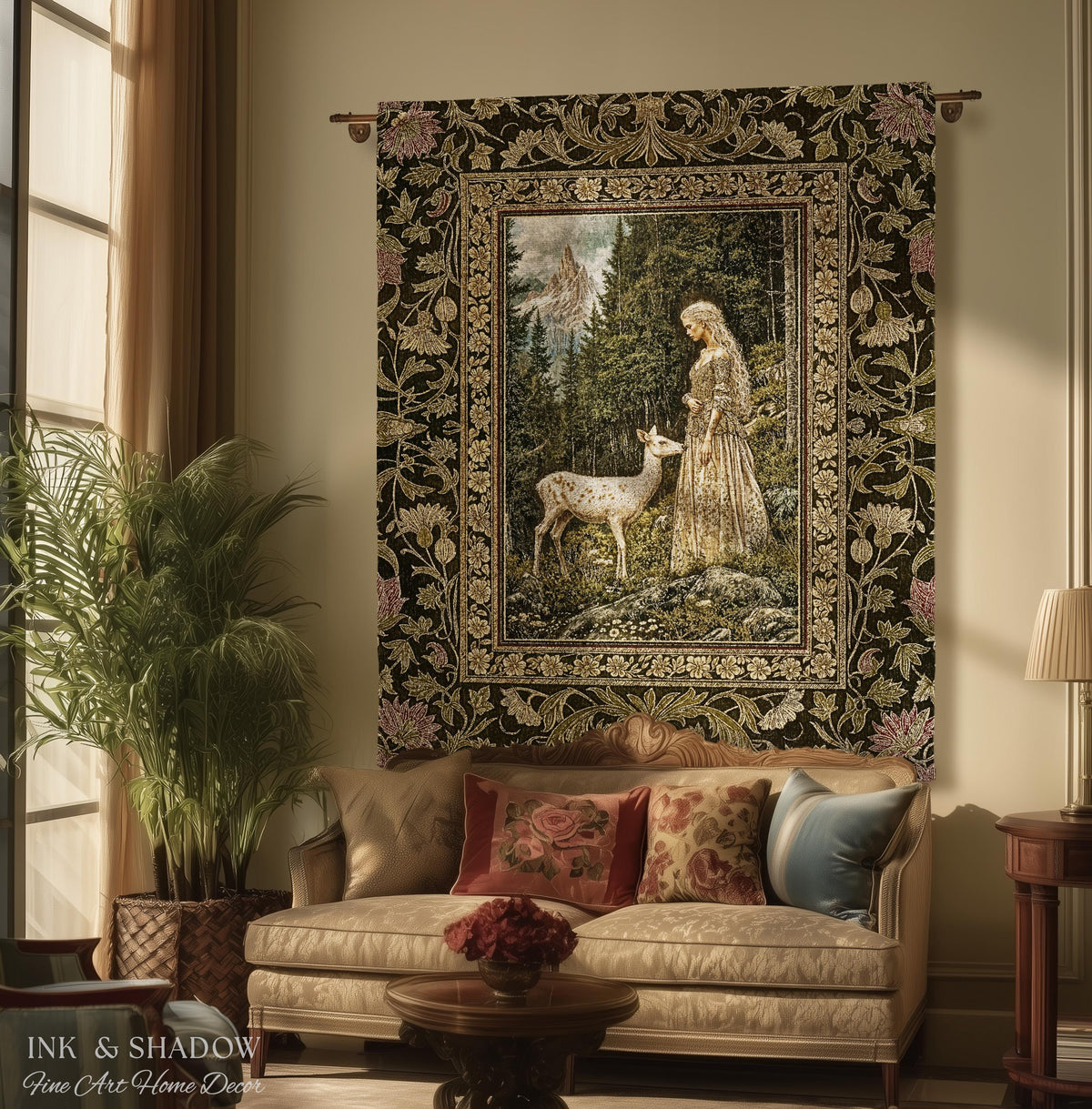Whimsy Woodland Goddess Tapestry | Elegant Fairytale Throw Blanket Woven Wall Art Victorian Botanical Princess Mystic Deer Forest Spirit