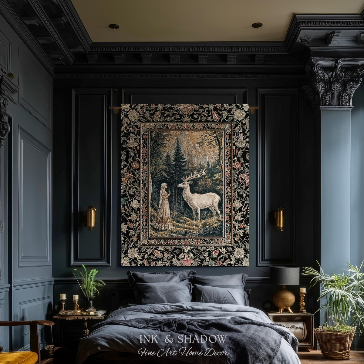 Mythic Landscape Gothic Forest Tapestry | Woodland Goddess Mystic Deer Blanket Forest Nymph Fairycore Woven Throw Magical Botanical Scene |
