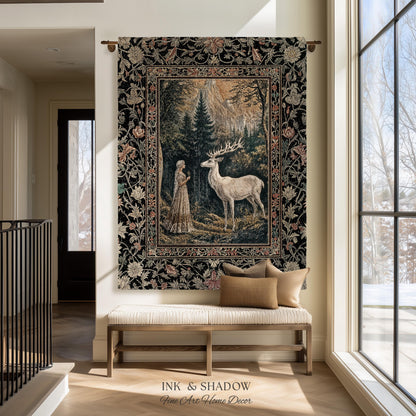 Mythic Landscape Gothic Forest Tapestry | Woodland Goddess Mystic Deer Blanket Forest Nymph Fairycore Woven Throw Magical Botanical Scene |