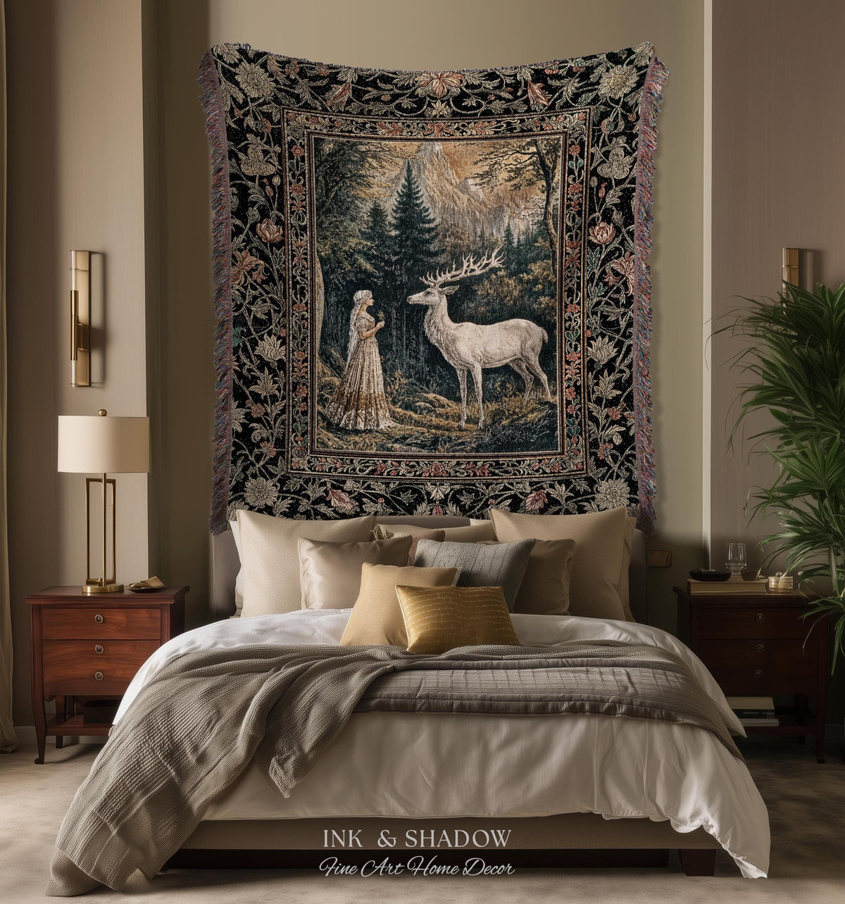 Mythic Landscape Gothic Forest Tapestry | Woodland Goddess Mystic Deer Blanket Forest Nymph Fairycore Woven Throw Magical Botanical Scene |