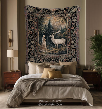 Mythic Landscape Gothic Forest Tapestry | Woodland Goddess Mystic Deer Blanket Forest Nymph Fairycore Woven Throw Magical Botanical Scene |