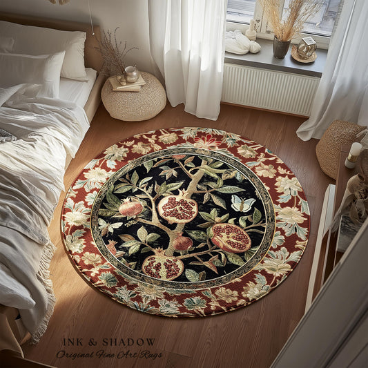 May include: A round rug with a pomegranate tree design. The rug features a black center with a tree bearing ripe pomegranates. The border is a floral pattern in red, cream, and green. The text "INK & SHADOW Original Fine Art Rugs" is at the bottom.
