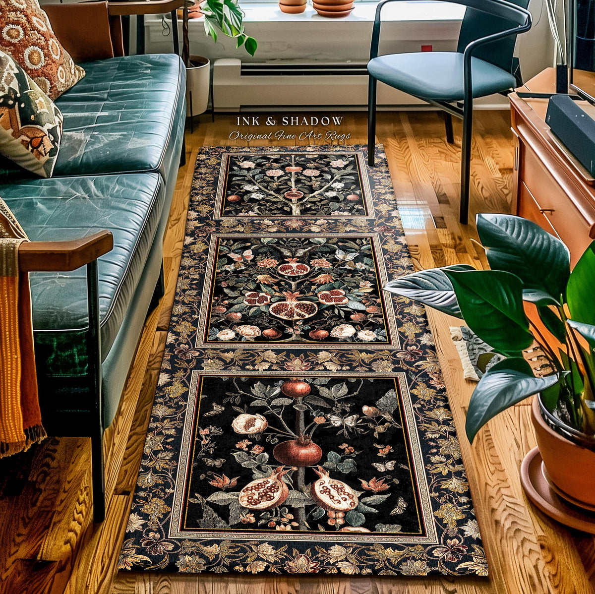 May include: Three rectangular area rugs with a black background and a floral and fruit design. The rugs are arranged in a row on a hardwood floor. The text "INK & SHADOW Original Fine Art Rugs" is visible.