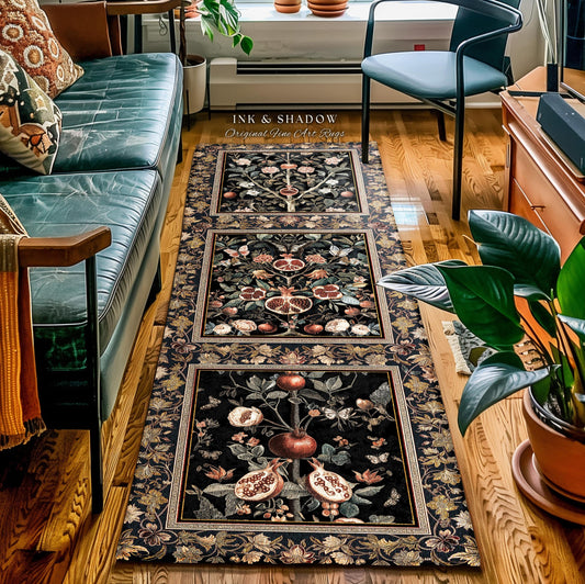 May include: Three rectangular area rugs with a black background and a floral and fruit design. The rugs are arranged in a row on a hardwood floor. The text "INK & SHADOW Original Fine Art Rugs" is visible.