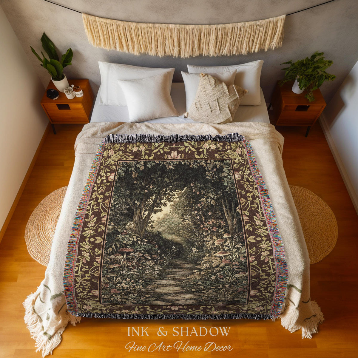 Fairy Ethereal Forest Woven Blanket | Mystic Dark Academia Folklore Inspired Fairy Aesthetic Tapestry Magic Dark Bedroom Medieval Botanical