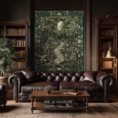 Ethereal Woodland Meadow Tapestry | Dark Academia Folklore Fairy Core Aesthetic Blanket Magical Bedroom Emerald Green Home Decor Botanical