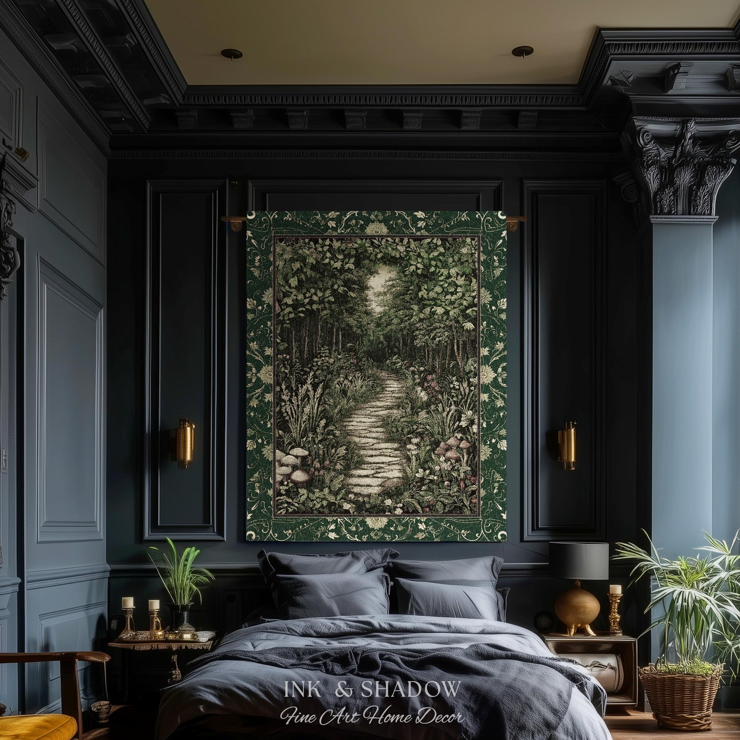 Ethereal Woodland Meadow Tapestry | Dark Academia Folklore Fairy Core Aesthetic Blanket Magical Bedroom Emerald Green Home Decor Botanical
