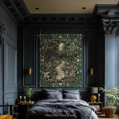 Ethereal Woodland Meadow Tapestry | Dark Academia Folklore Fairy Core Aesthetic Blanket Magical Bedroom Emerald Green Home Decor Botanical