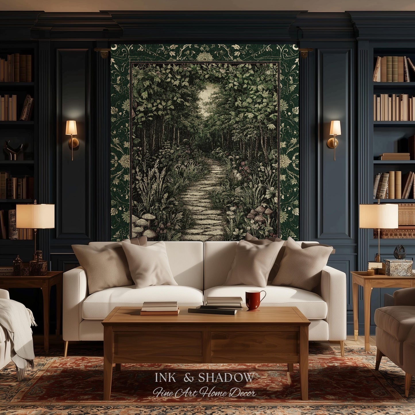 Ethereal Woodland Meadow Tapestry | Dark Academia Folklore Fairy Core Aesthetic Blanket Magical Bedroom Emerald Green Home Decor Botanical