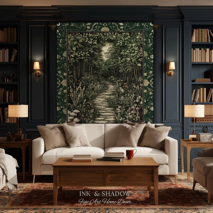 Ethereal Woodland Meadow Tapestry | Dark Academia Folklore Fairy Core Aesthetic Blanket Magical Bedroom Emerald Green Home Decor Botanical