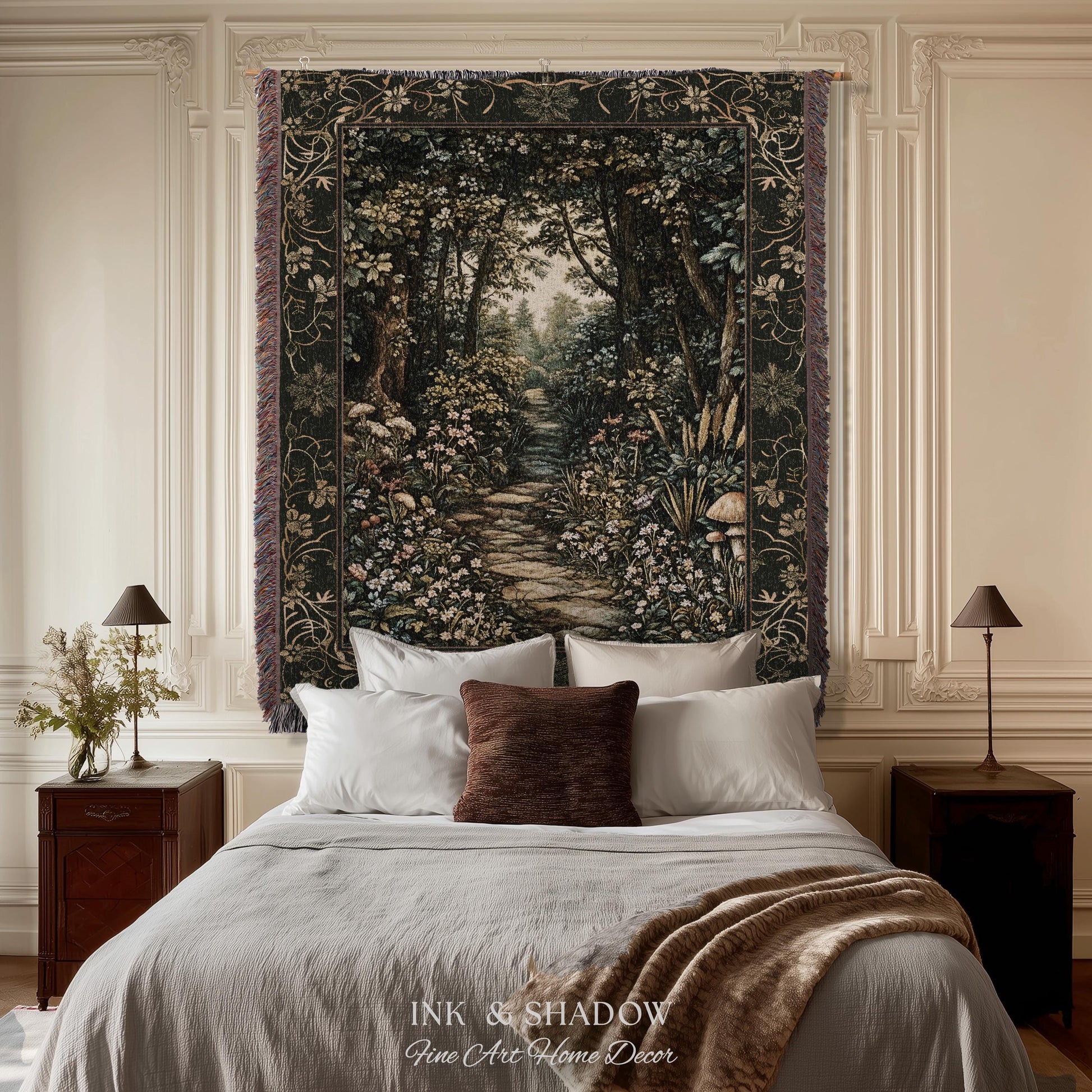 Fairy Meadow Mushroom Forest Woven Blanket Mystic Academia Folklore Inspired, Fairycore Woodland Gothic Whimsical Medieval Tapestry Throw