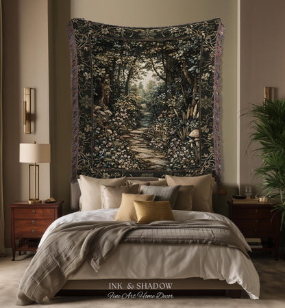 Fairy Meadow Mushroom Forest Woven Blanket Mystic Academia Folklore Inspired, Fairycore Woodland Gothic Whimsical Medieval Tapestry Throw