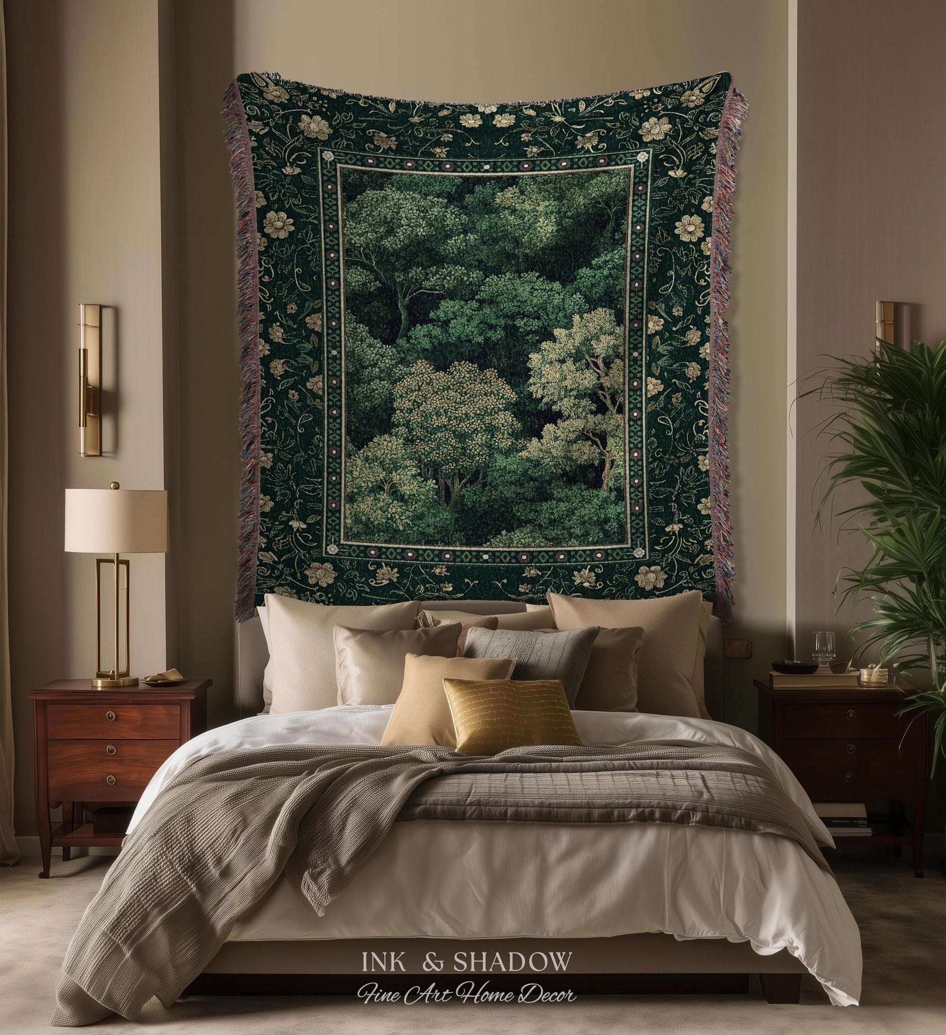 Lush Botanical Green Woven Blanket | Forest Theme Woodsy Aesthetic Living Room Green Home Decor Housewarming Gift Emerald Bedroom Tapestry |