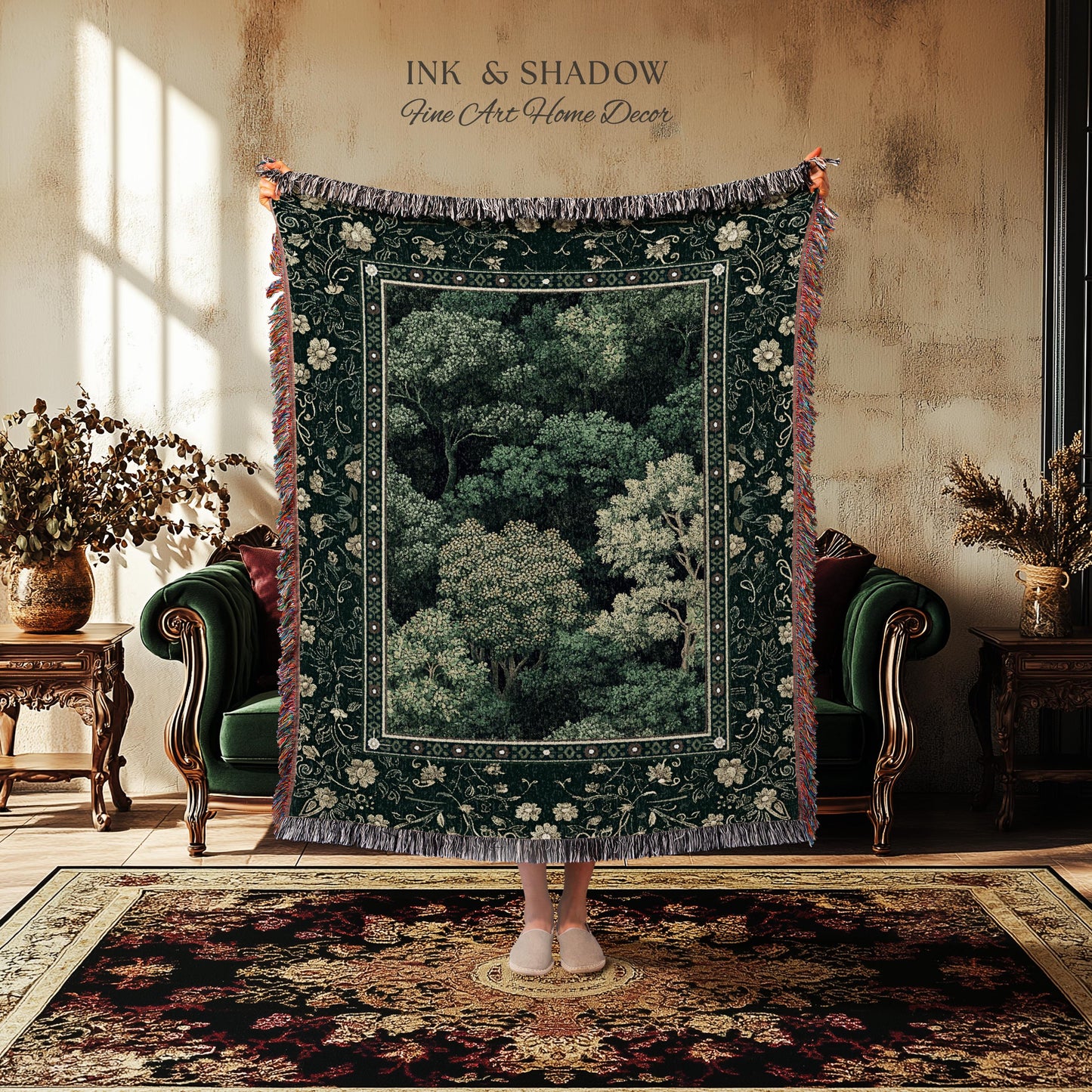 Lush Botanical Green Woven Blanket | Forest Theme Woodsy Aesthetic Living Room Green Home Decor Housewarming Gift Emerald Bedroom Tapestry |