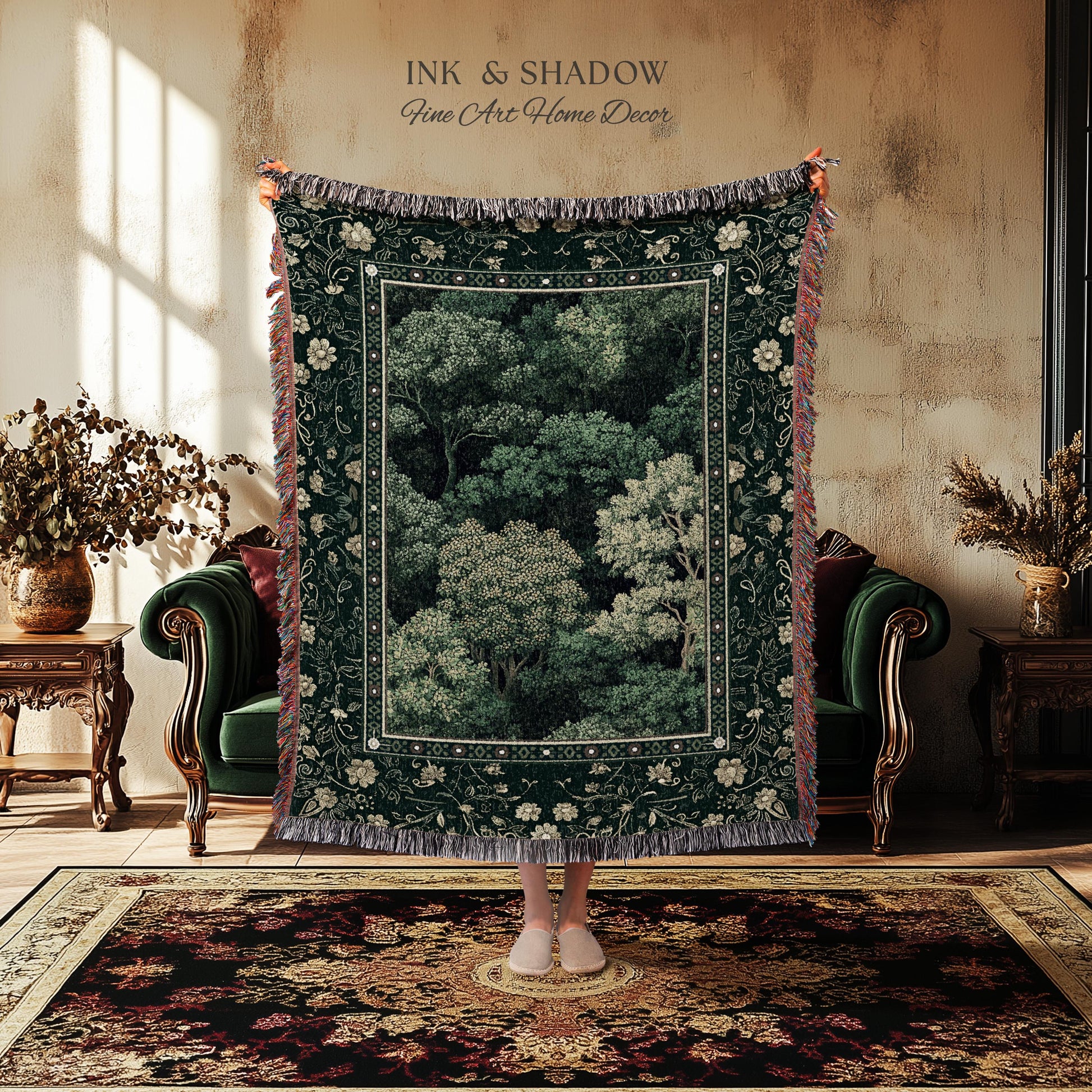 Lush Botanical Green Woven Blanket | Forest Theme Woodsy Aesthetic Living Room Green Home Decor Housewarming Gift Emerald Bedroom Tapestry |