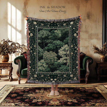 Lush Botanical Green Woven Blanket | Forest Theme Woodsy Aesthetic Living Room Green Home Decor Housewarming Gift Emerald Bedroom Tapestry |