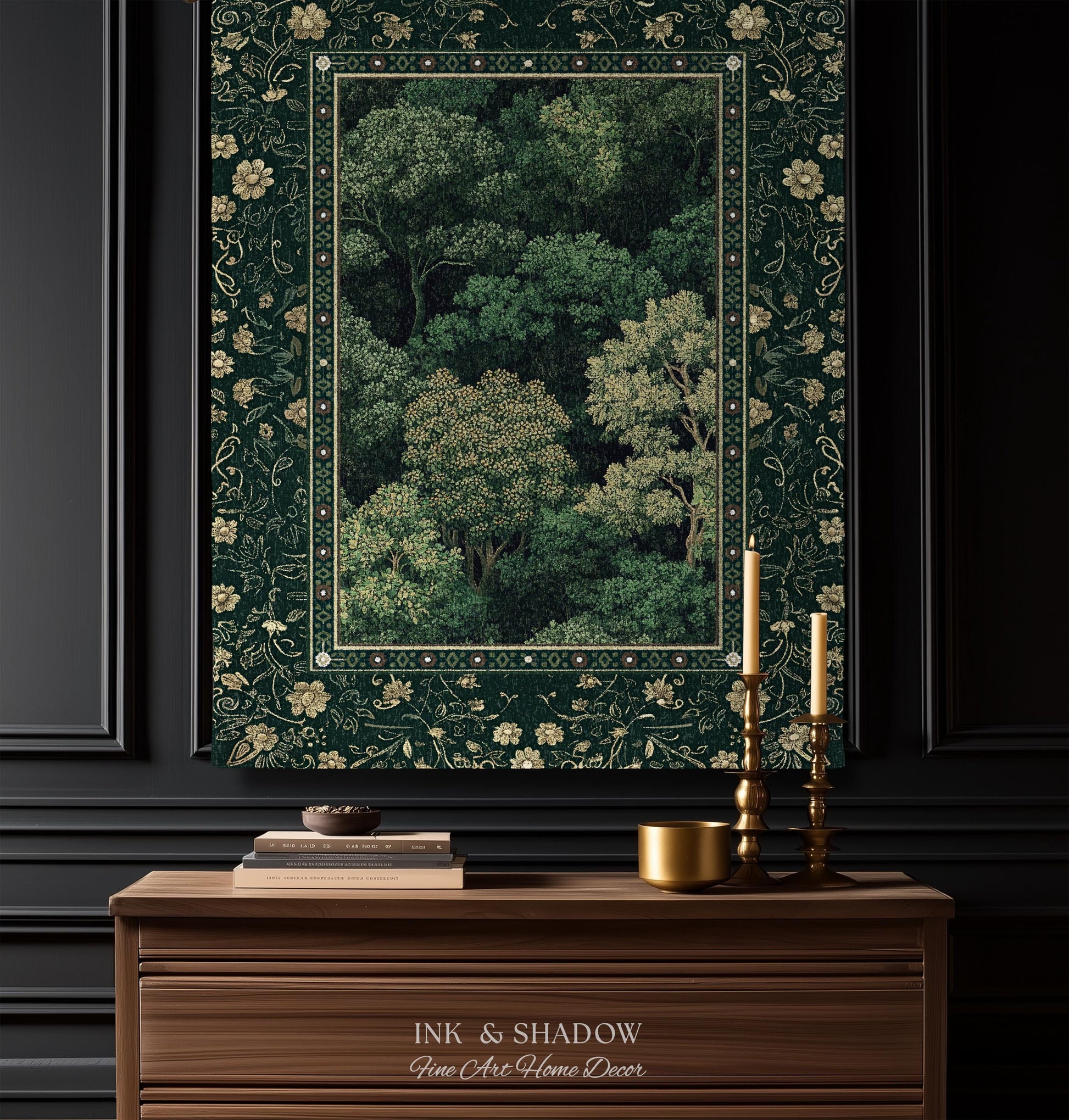 May include: A rectangular wall tapestry featuring a dense forest scene in shades of dark green and cream, enclosed by a decorative floral border. The text Ink & Shadow Fine Art Home Decor is printed in white on the wooden surface below the tapestry.