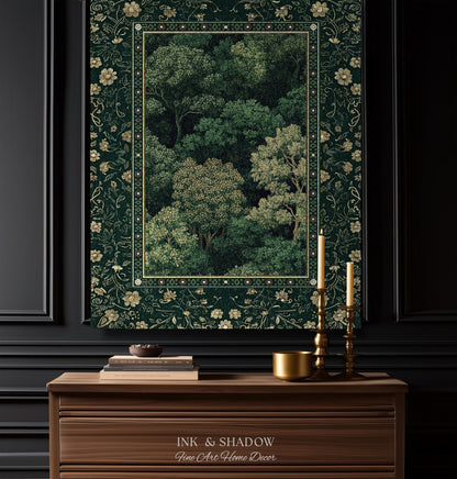 May include: A rectangular wall tapestry featuring a dense forest scene in shades of dark green and cream, enclosed by a decorative floral border. The text Ink & Shadow Fine Art Home Decor is printed in white on the wooden surface below the tapestry.