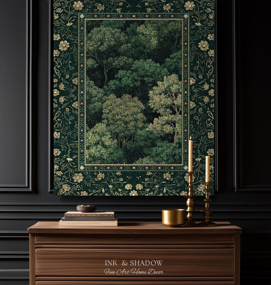 May include: A rectangular wall tapestry featuring a dense forest scene in shades of dark green and cream, enclosed by a decorative floral border. The text Ink & Shadow Fine Art Home Decor is printed in white on the wooden surface below the tapestry.