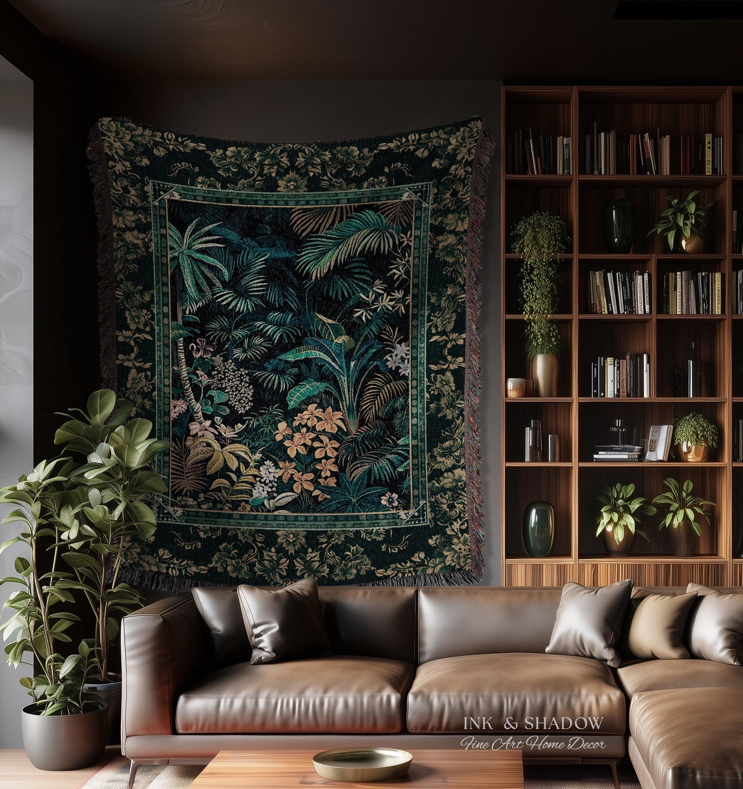Jungle Foliage Botanical Throw Blanket | Bohemian Aesthetic Woodland Living Room Emerald Green Home Decor Plant Theme Indie Bedroom Tapestry