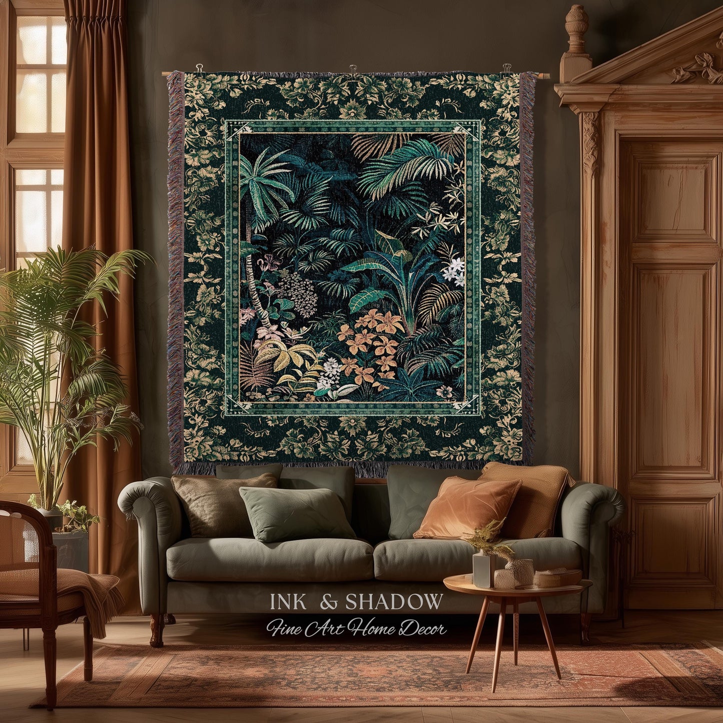 Jungle Foliage Botanical Throw Blanket | Bohemian Aesthetic Woodland Living Room Emerald Green Home Decor Plant Theme Indie Bedroom Tapestry