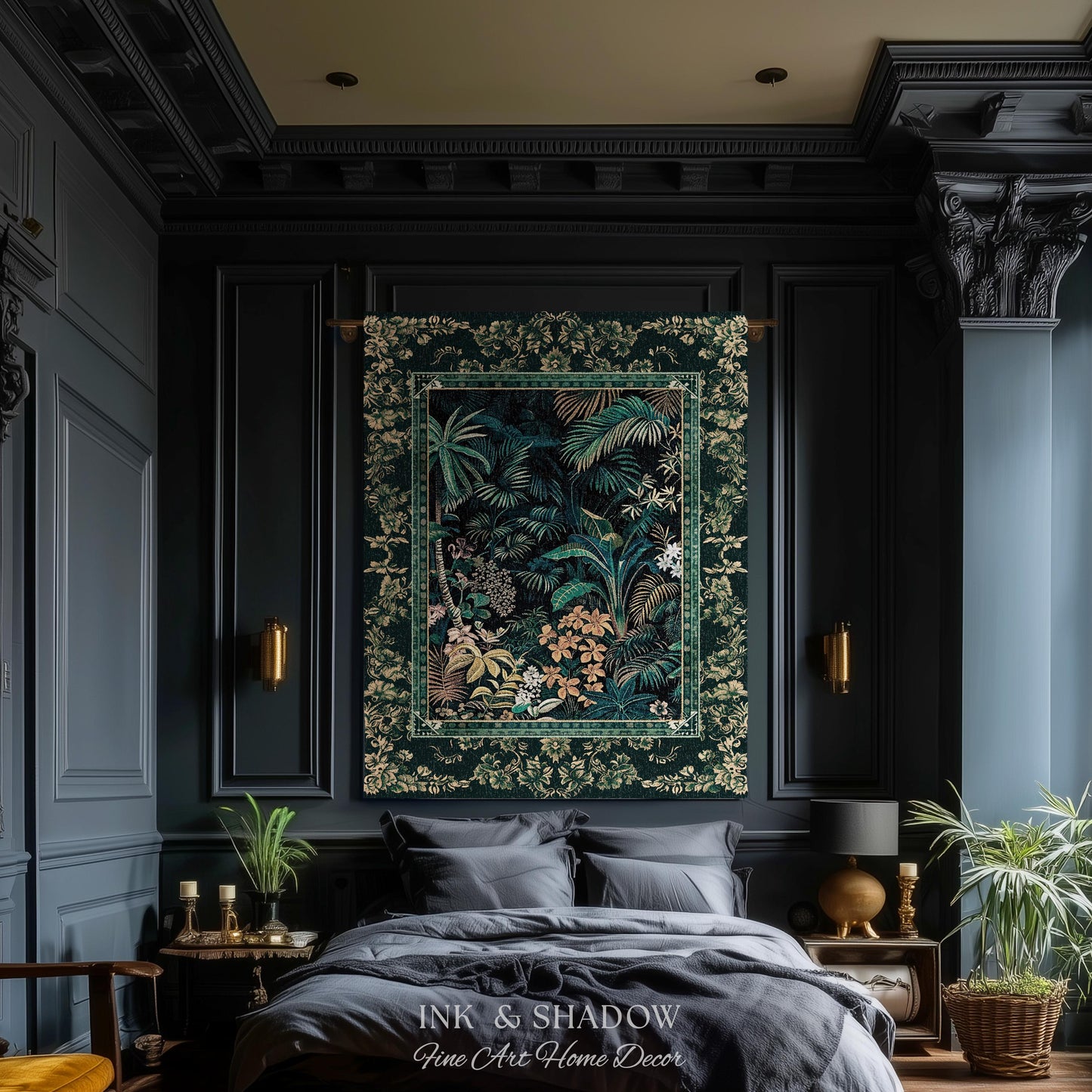 Jungle Foliage Botanical Throw Blanket | Bohemian Aesthetic Woodland Living Room Emerald Green Home Decor Plant Theme Indie Bedroom Tapestry