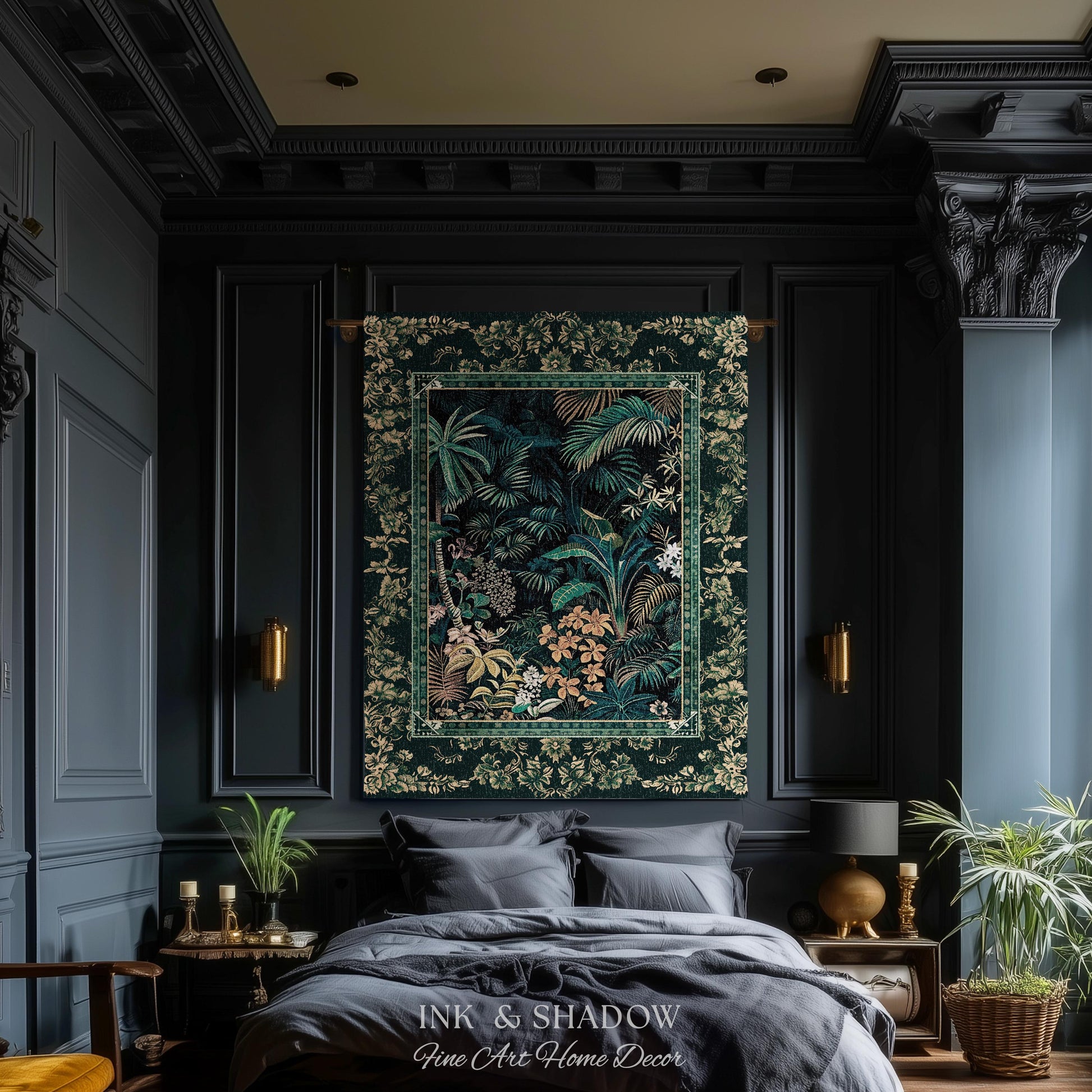 Jungle Foliage Botanical Throw Blanket | Bohemian Aesthetic Woodland Living Room Emerald Green Home Decor Plant Theme Indie Bedroom Tapestry