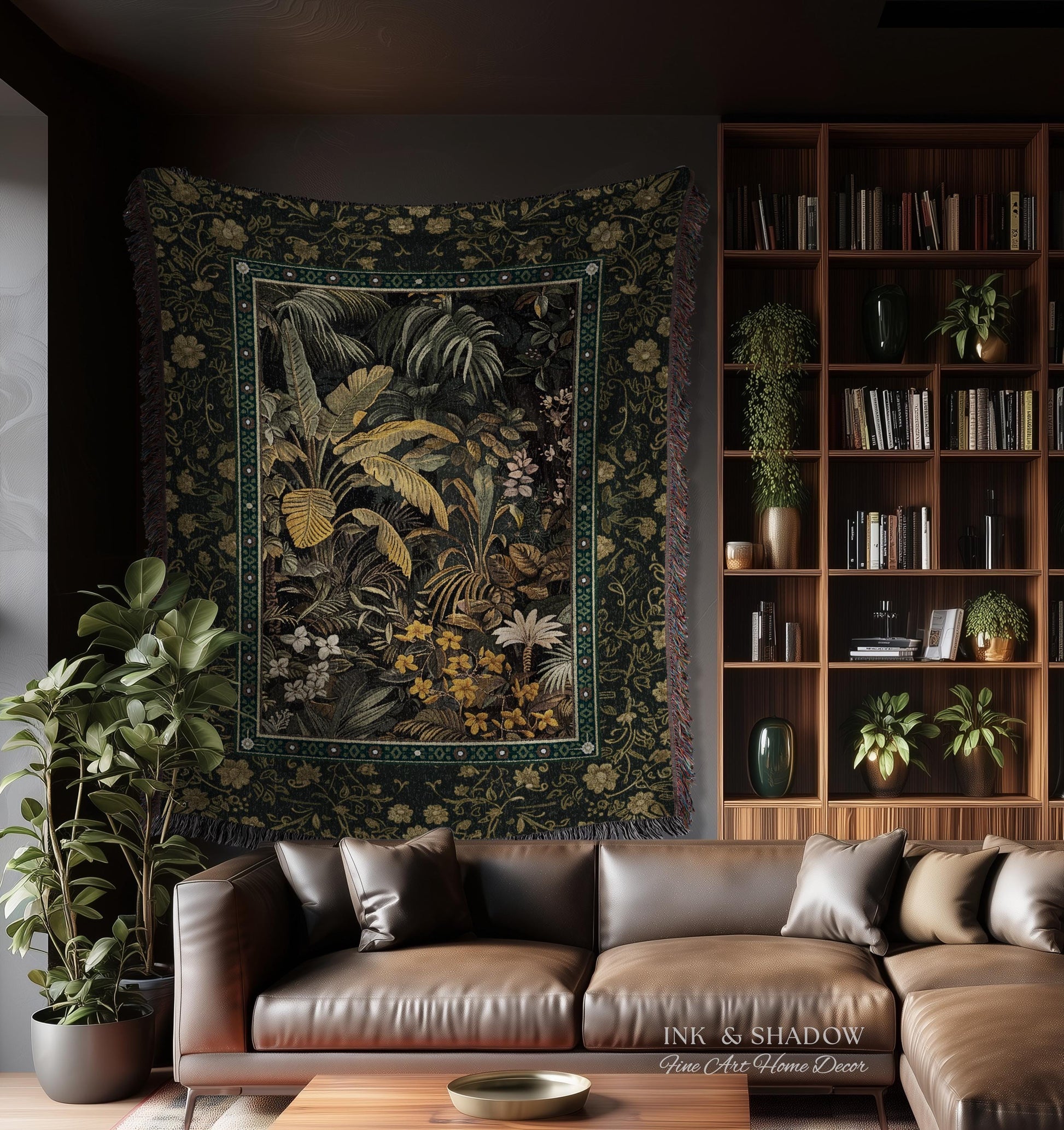 Whimsical Botanical Jungle Woven Tapestry, Forest Aesthetic Woodland Living Room Mystical Home Decor Plant Themed Ethereal Book Nook Blanket