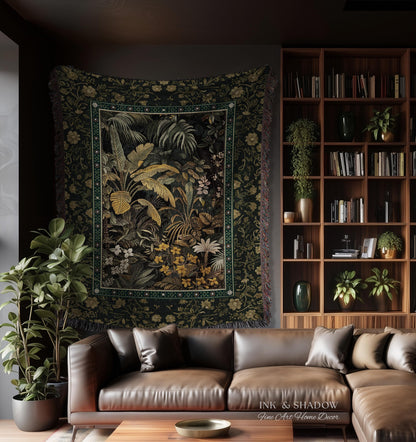 Whimsical Botanical Jungle Woven Tapestry, Forest Aesthetic Woodland Living Room Mystical Home Decor Plant Themed Ethereal Book Nook Blanket