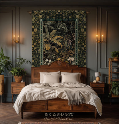 Whimsical Botanical Jungle Woven Tapestry, Forest Aesthetic Woodland Living Room Mystical Home Decor Plant Themed Ethereal Book Nook Blanket