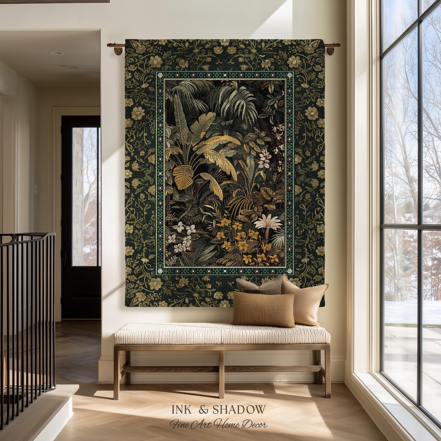 Whimsical Botanical Jungle Woven Tapestry, Forest Aesthetic Woodland Living Room Mystical Home Decor Plant Themed Ethereal Book Nook Blanket