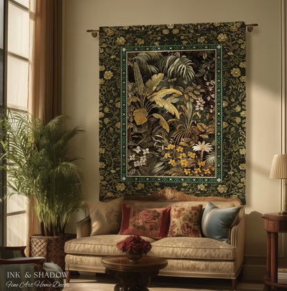 Whimsical Botanical Jungle Woven Tapestry, Forest Aesthetic Woodland Living Room Mystical Home Decor Plant Themed Ethereal Book Nook Blanket
