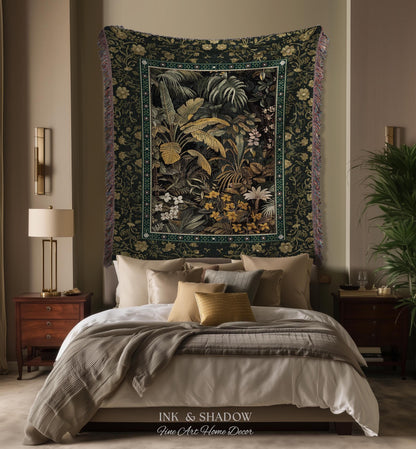 Whimsical Botanical Jungle Woven Tapestry, Forest Aesthetic Woodland Living Room Mystical Home Decor Plant Themed Ethereal Book Nook Blanket