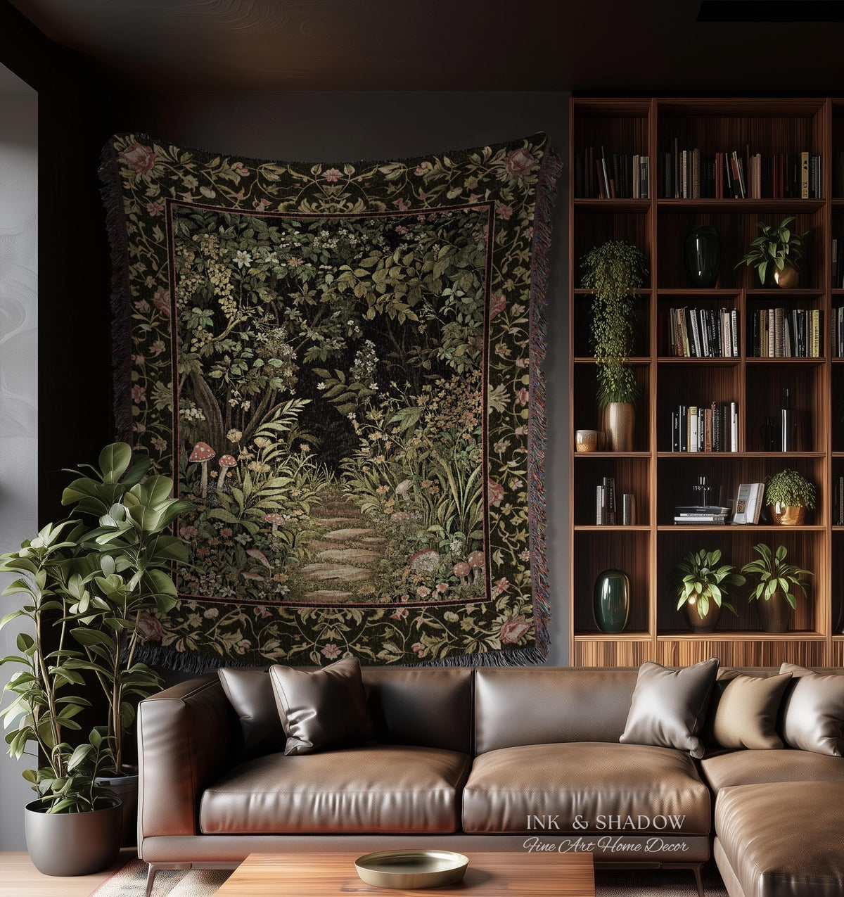 Toadstool Forest Mystical Mushroom Woven Tapestry Throw | Dark Academia Folklore Forest Fairycore Botanical Blanket Magical Medieval Decor