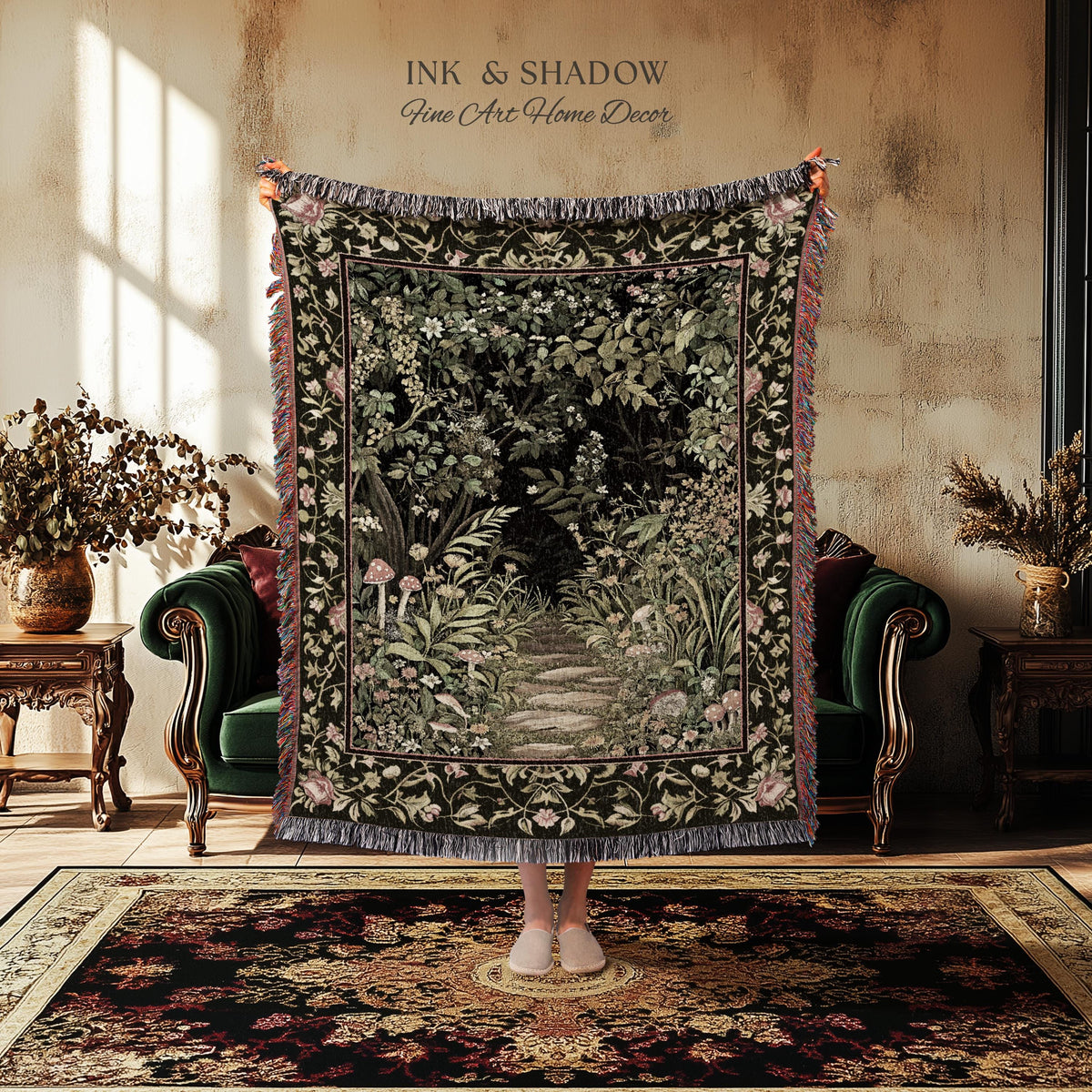 Toadstool Forest Mystical Mushroom Woven Tapestry Throw | Dark Academia Folklore Forest Fairycore Botanical Blanket Magical Medieval Decor