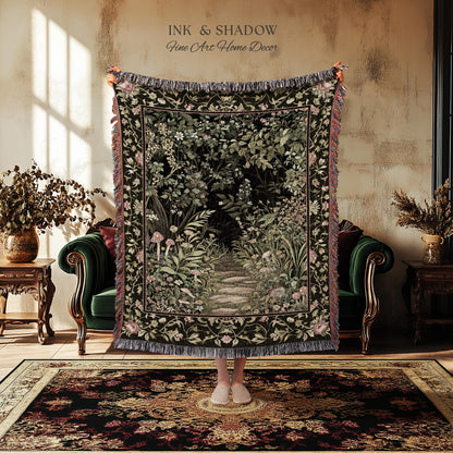 Toadstool Forest Mystical Mushroom Woven Tapestry Throw | Dark Academia Folklore Forest Fairycore Botanical Blanket Magical Medieval Decor