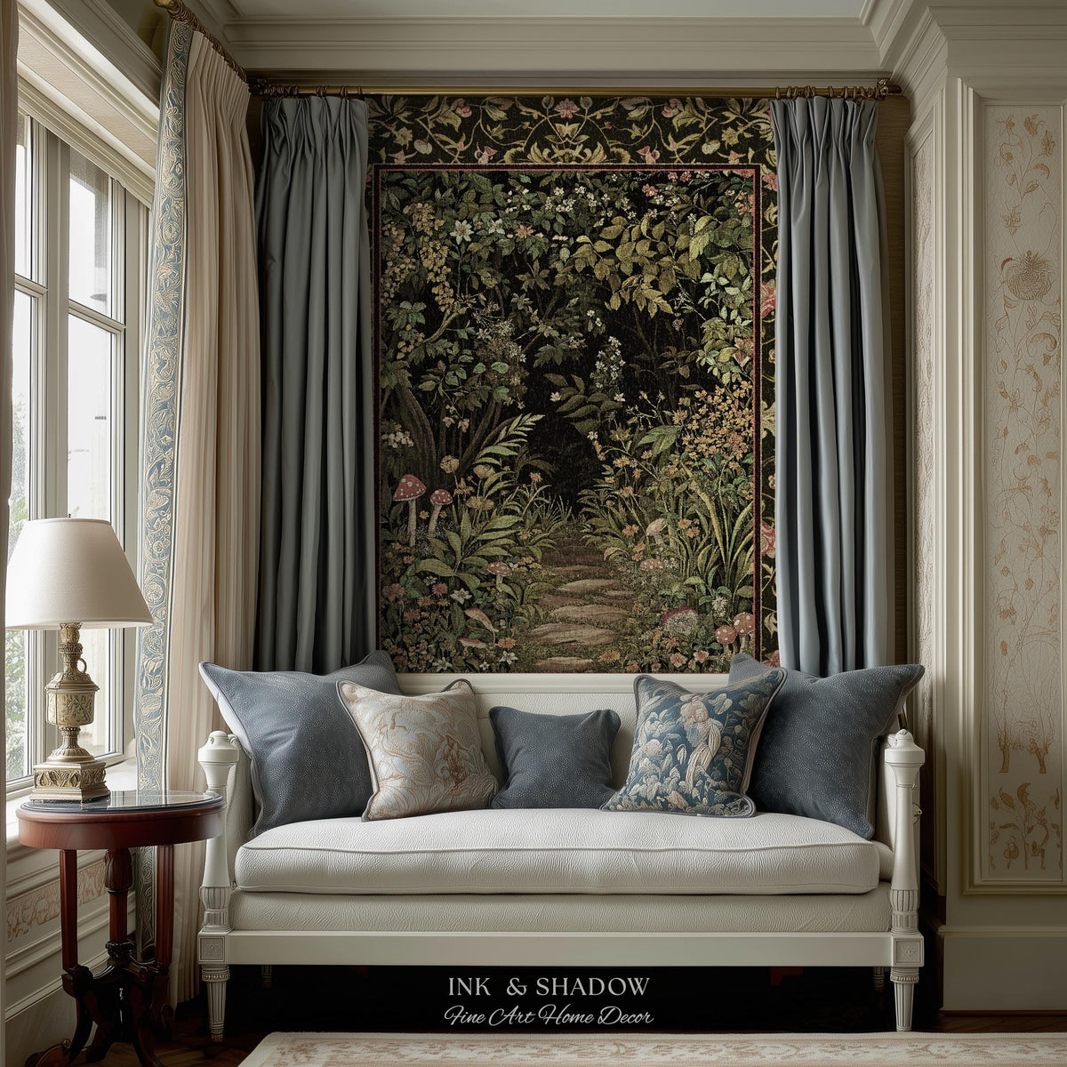 Toadstool Forest Mystical Mushroom Woven Tapestry Throw | Dark Academia Folklore Forest Fairycore Botanical Blanket Magical Medieval Decor