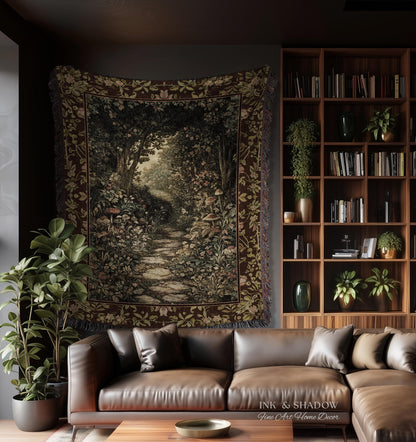 Fairy Ethereal Forest Tapestry Blanket Mystic Dark Academia Folklore Inspired, Magical Medieval Forestcore Botanical Woodland Woven Throw