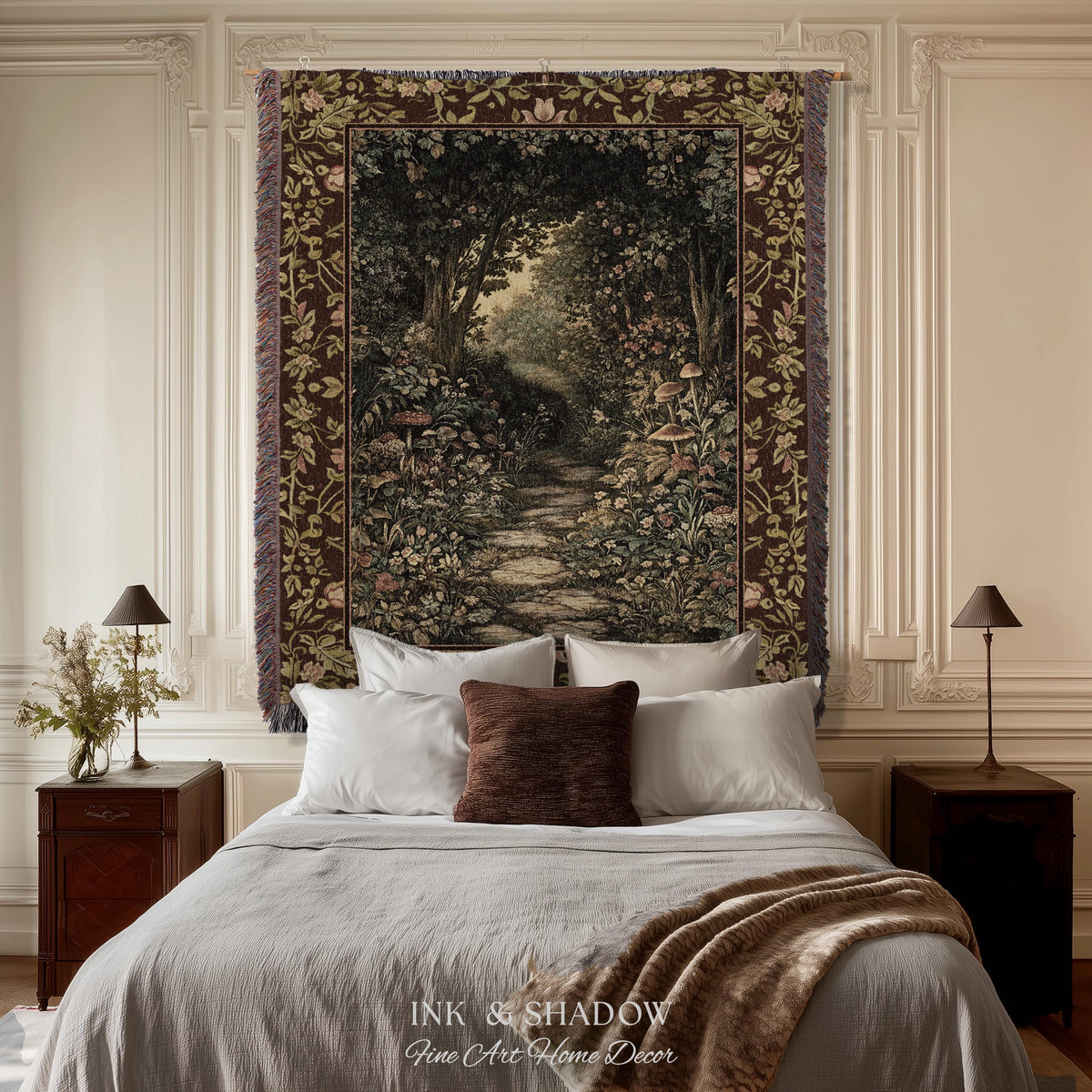 Fairy Ethereal Forest Tapestry Blanket Mystic Dark Academia Folklore Inspired, Magical Medieval Forestcore Botanical Woodland Woven Throw