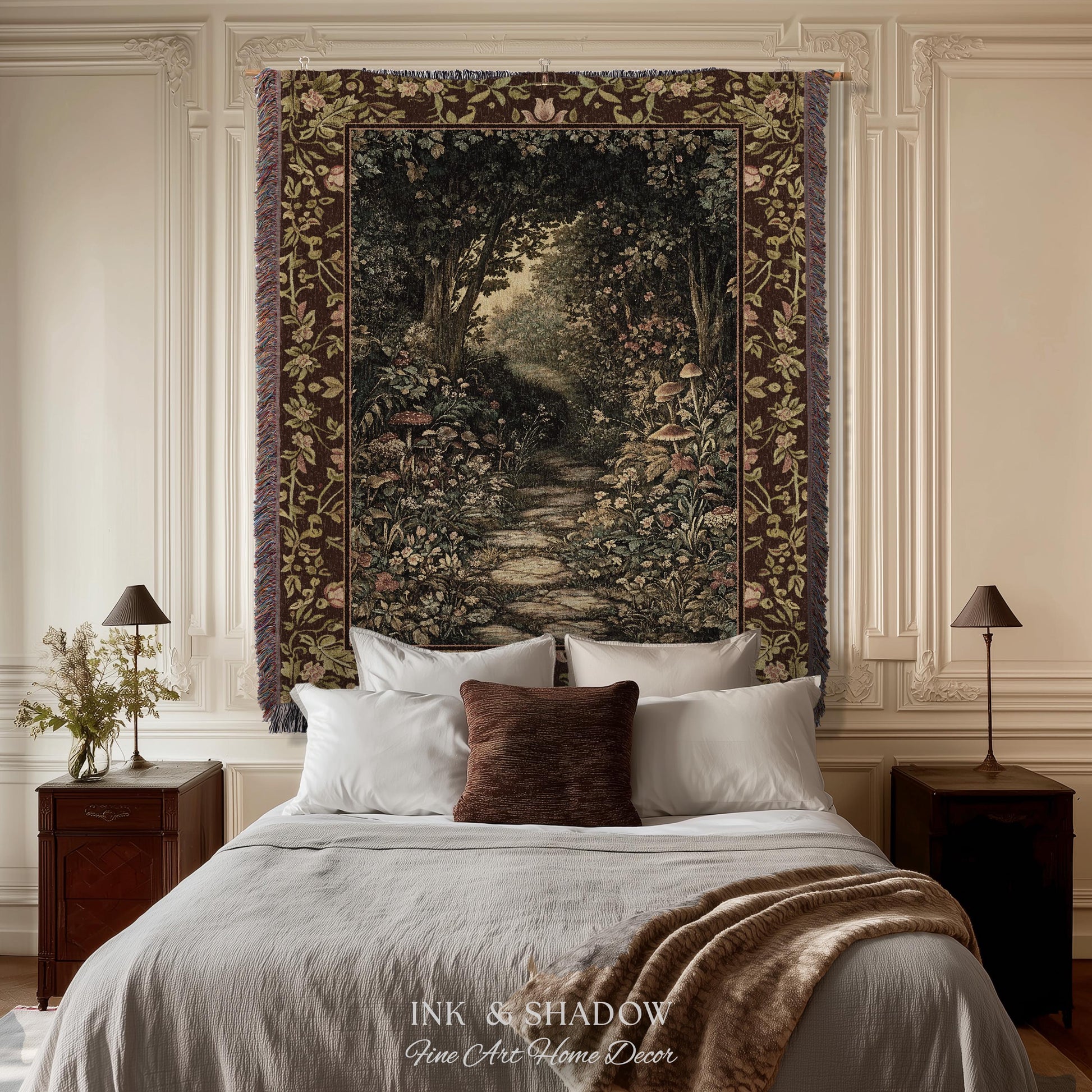 Fairy Ethereal Forest Tapestry Blanket Mystic Dark Academia Folklore Inspired, Magical Medieval Forestcore Botanical Woodland Woven Throw