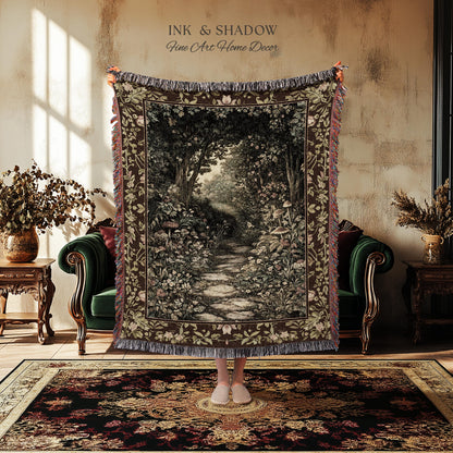 Fairy Ethereal Forest Tapestry Blanket Mystic Dark Academia Folklore Inspired, Magical Medieval Forestcore Botanical Woodland Woven Throw