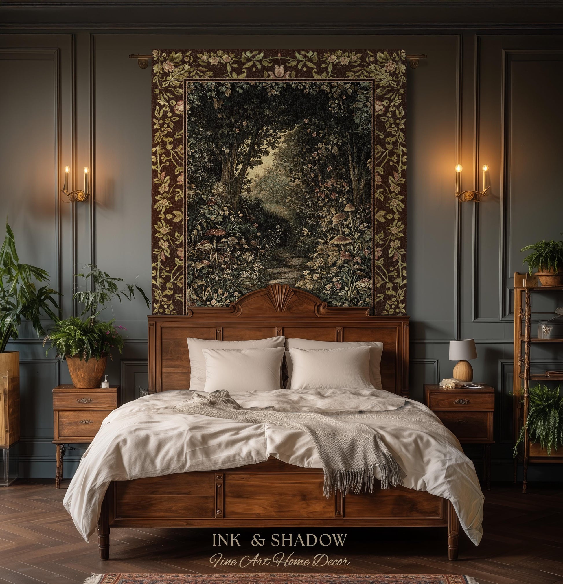 Fairy Ethereal Forest Tapestry Blanket Mystic Dark Academia Folklore Inspired, Magical Medieval Forestcore Botanical Woodland Woven Throw