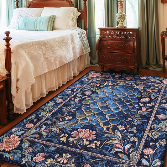 May include: A rectangular area rug with a dark blue background and a floral design. The rug features a central peacock feather motif in shades of blue and a border with pink and blue flowers and green leaves. The text "INK & SHADOW Original Fine Art Rugs" is visible.
