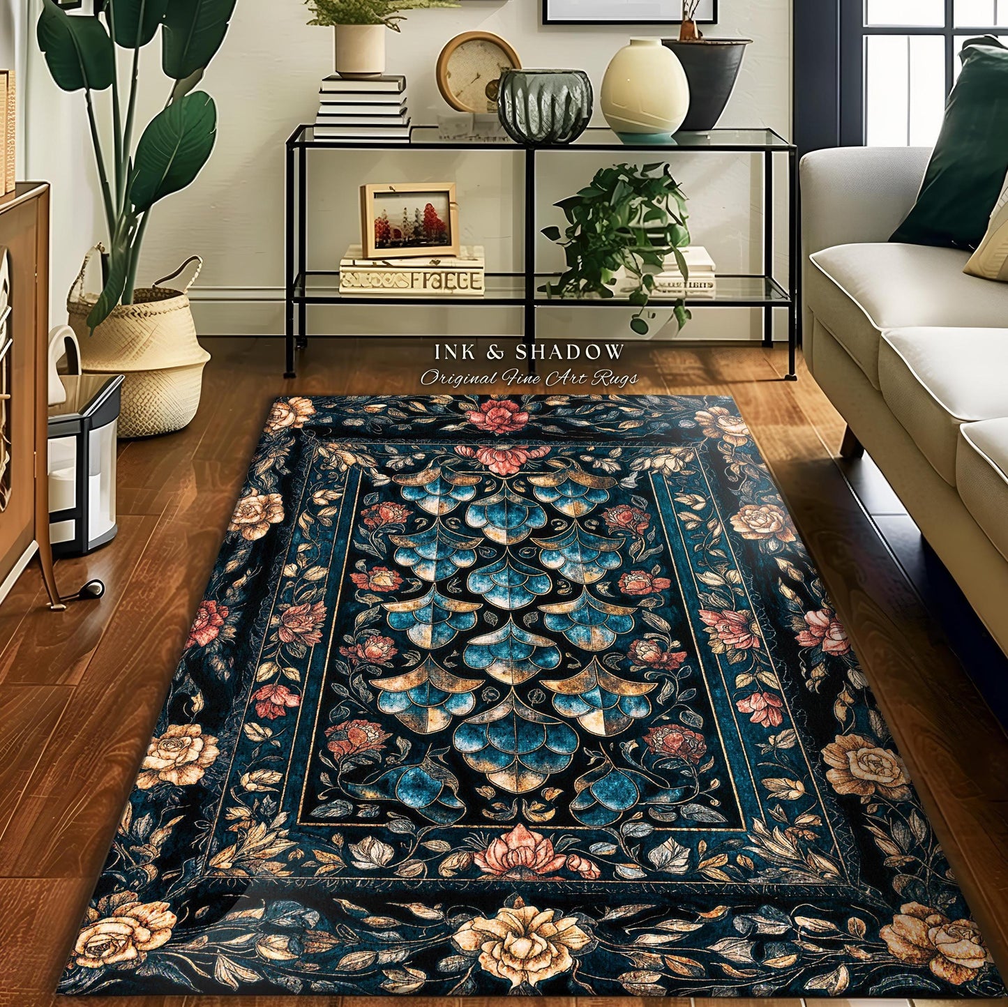 Mystical Dark Dragon Scale Accent Rug | Gothic Baroque Elegance Navy Blue Teal Whimsical Academia Art Fairytale Floral Floor Mat Home Decor