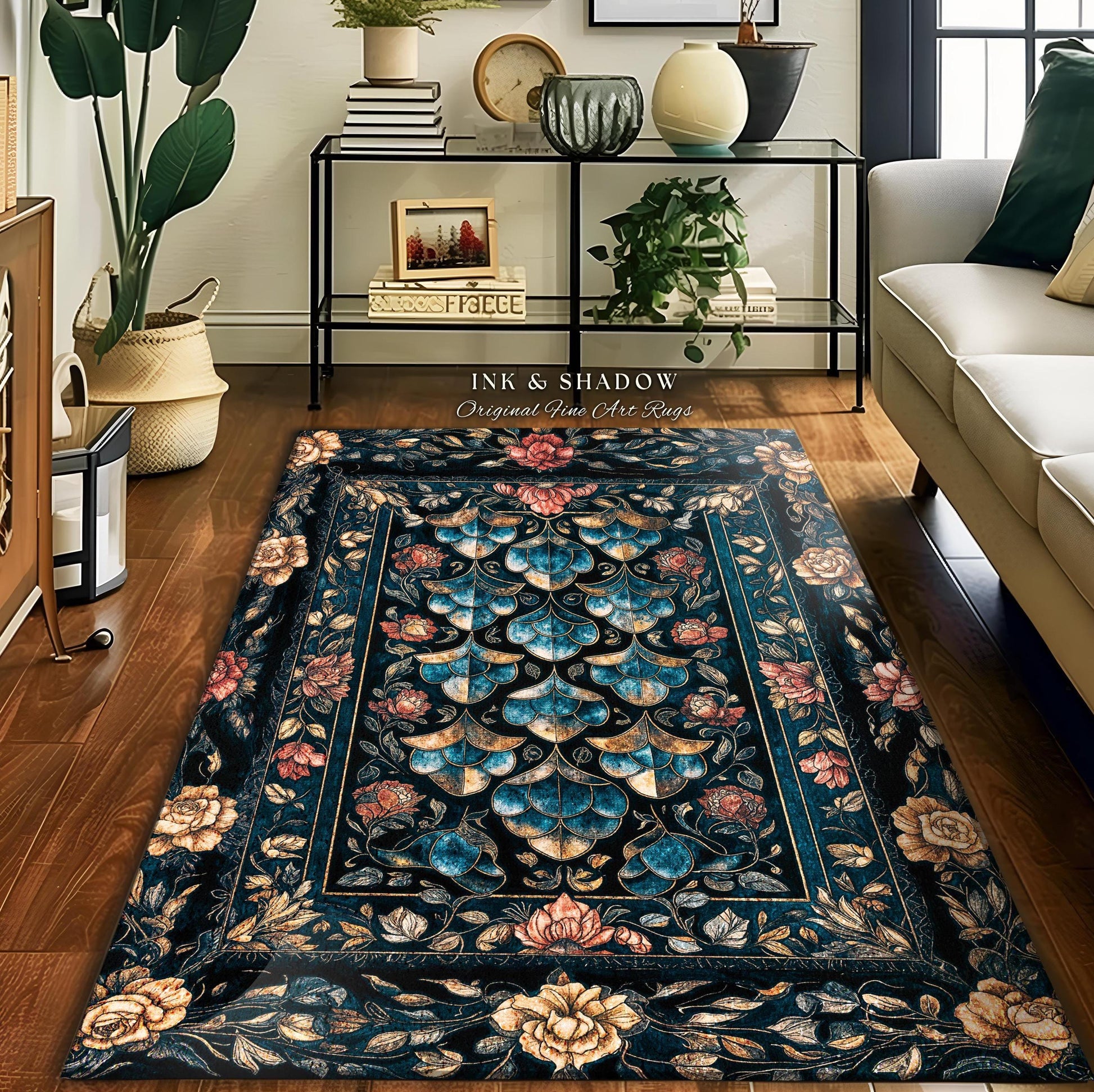Mystical Dark Dragon Scale Accent Rug | Gothic Baroque Elegance Navy Blue Teal Whimsical Academia Art Fairytale Floral Floor Mat Home Decor