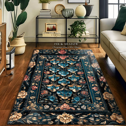 Mystical Dark Dragon Scale Accent Rug | Gothic Baroque Elegance Navy Blue Teal Whimsical Academia Art Fairytale Floral Floor Mat Home Decor