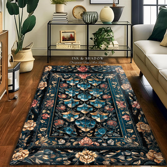 Mystical Dark Dragon Scale Accent Rug | Gothic Baroque Elegance Navy Blue Teal Whimsical Academia Art Fairytale Floral Floor Mat Home Decor